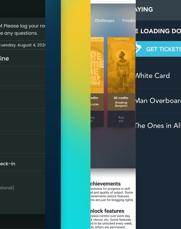 A vertically sliced collage of four interfaces: Habit Layer, Somaticode, Apple Music, and Boomvox