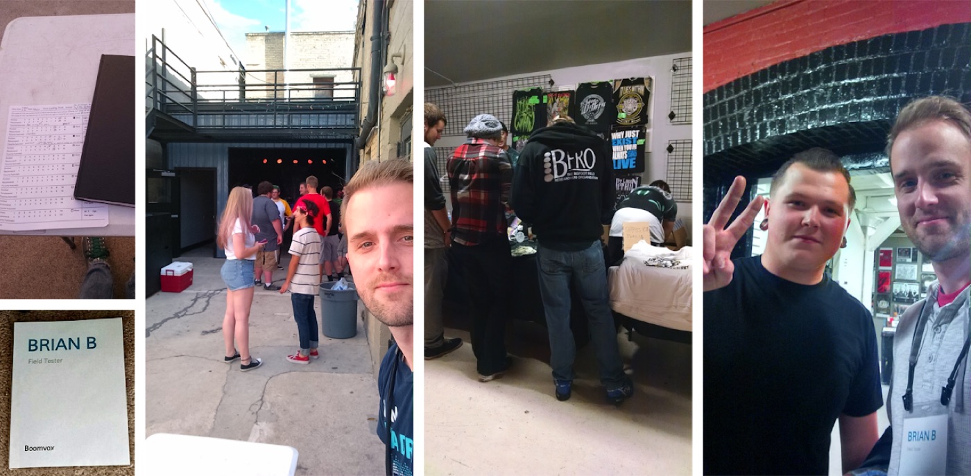 Field research photos: notes and a field tester badge, and the team observing a concert venue in person