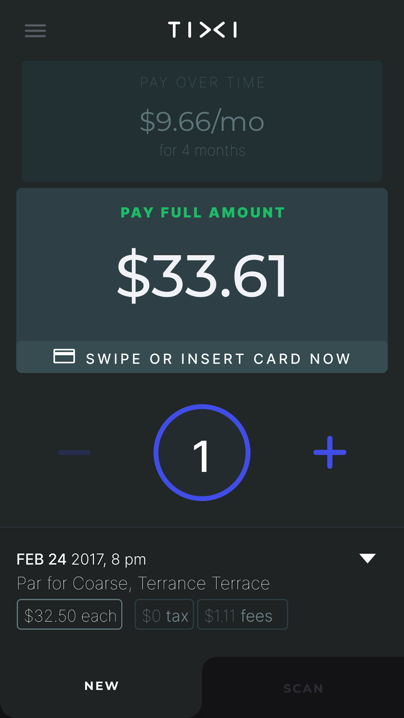 Tixi payment screen offering to pay $33.61 in full or spread it to $9.66 a month over four months