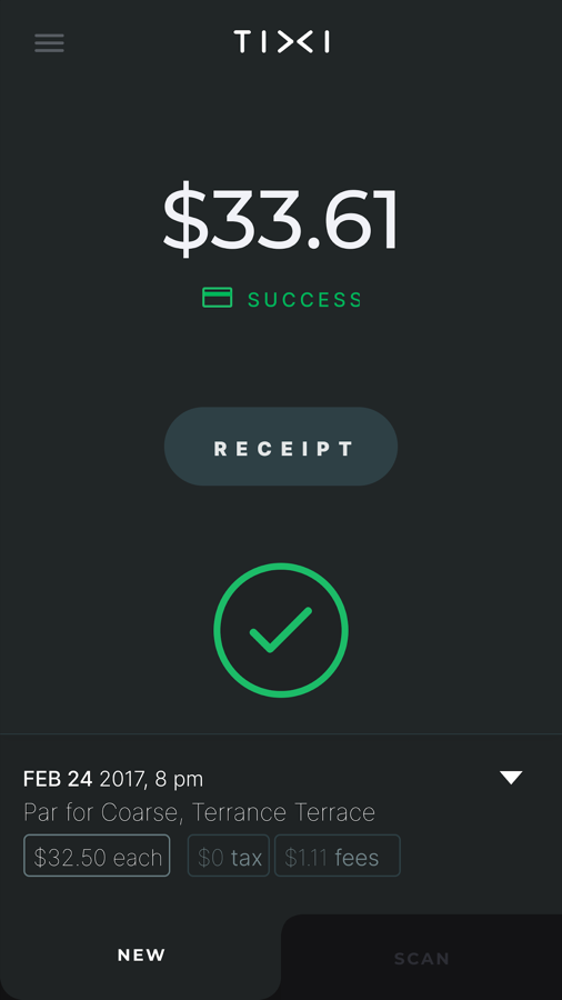 Tixi success screen confirming the $33.61 payment with a receipt option