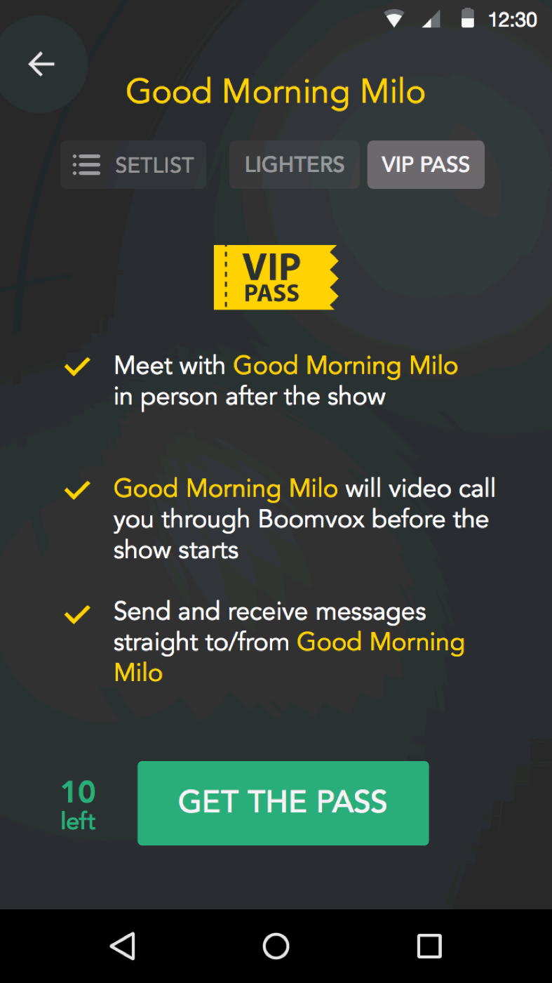 VIP Pass screen offering a meet and greet, a pre-show video call, and direct messaging with the artist