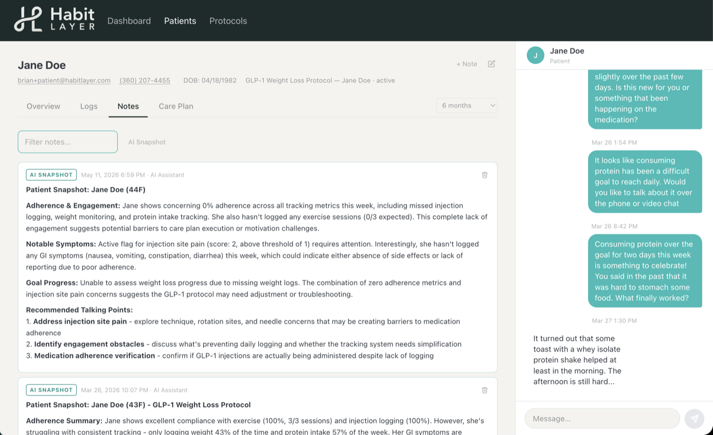 AI-generated patient snapshot note summarizing adherence, notable symptoms, and recommended talking points for a provider