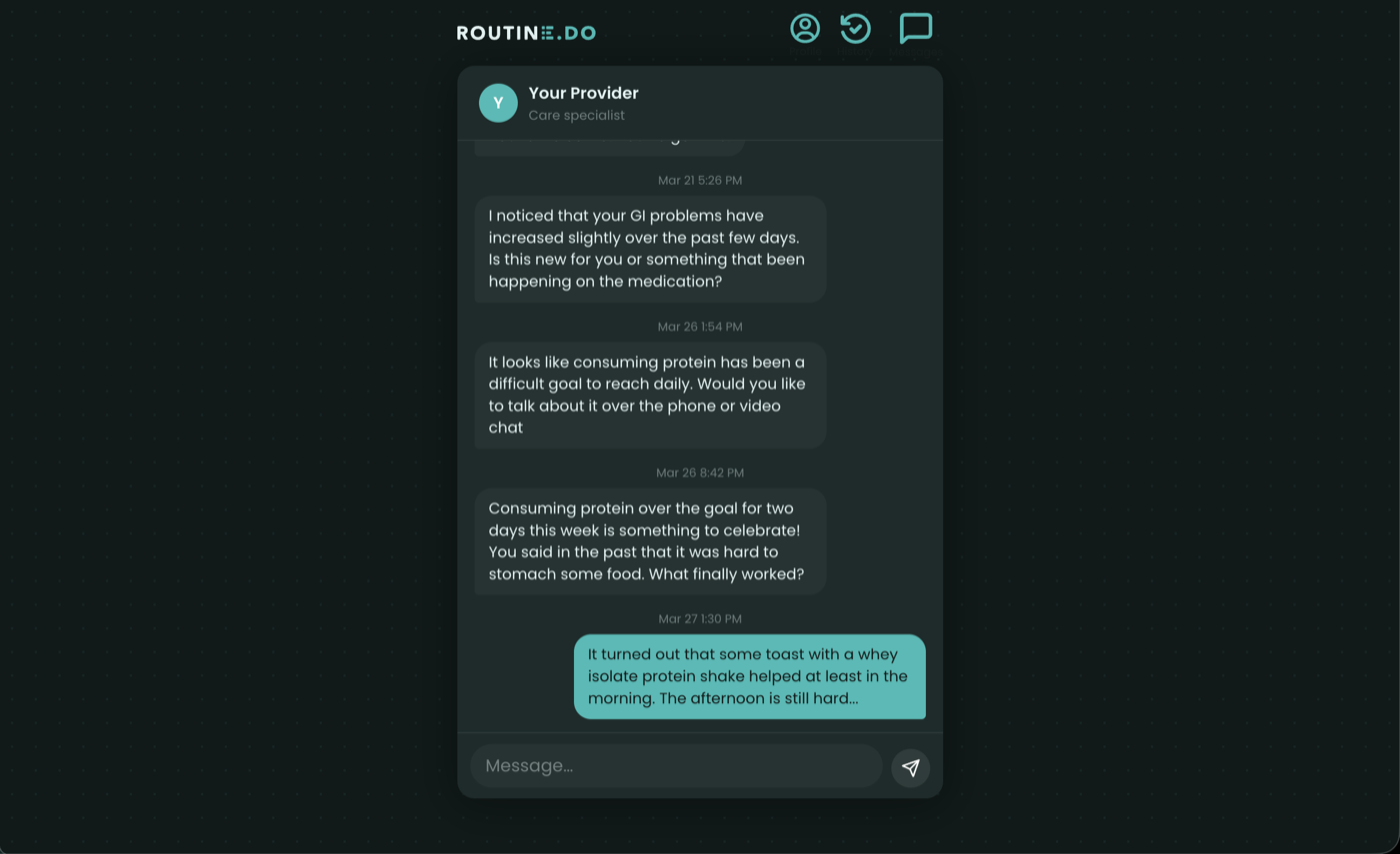 Routine.do messaging screen with a threaded conversation between a patient and their care provider about a protein intake goal