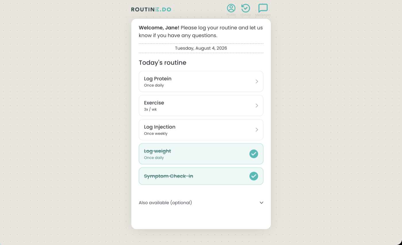 The same Routine.do today screen in light mode, with log weight and symptom check-in completed and struck through