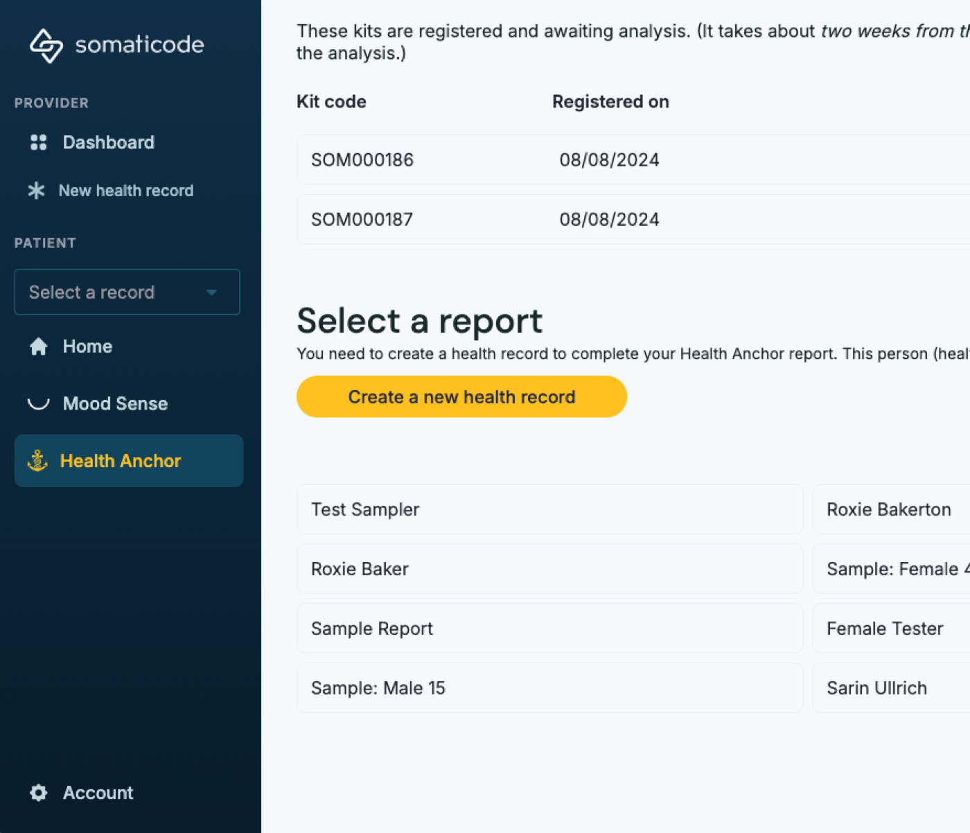 Health Anchor screen listing registered DNA kits awaiting analysis and a list of completed reports to select