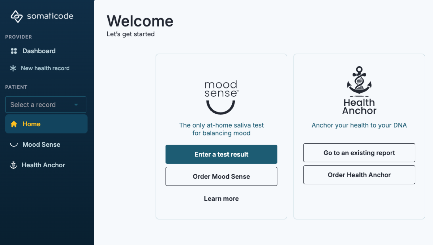 Provider welcome screen with dashboard and new health record navigation in the sidebar