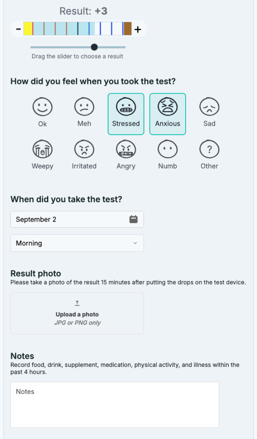 Saliva test recording screen with a result slider, mood selection, and a field to upload a result photo