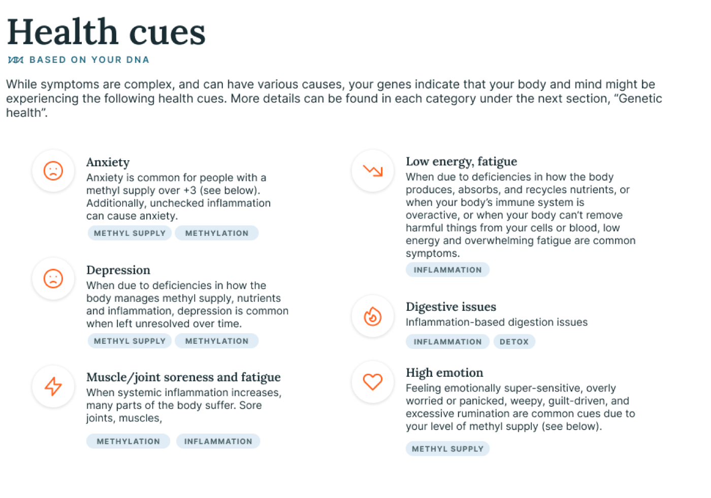 Health cues screen showing symptom cards like anxiety and low energy, each linked to a genetic health category